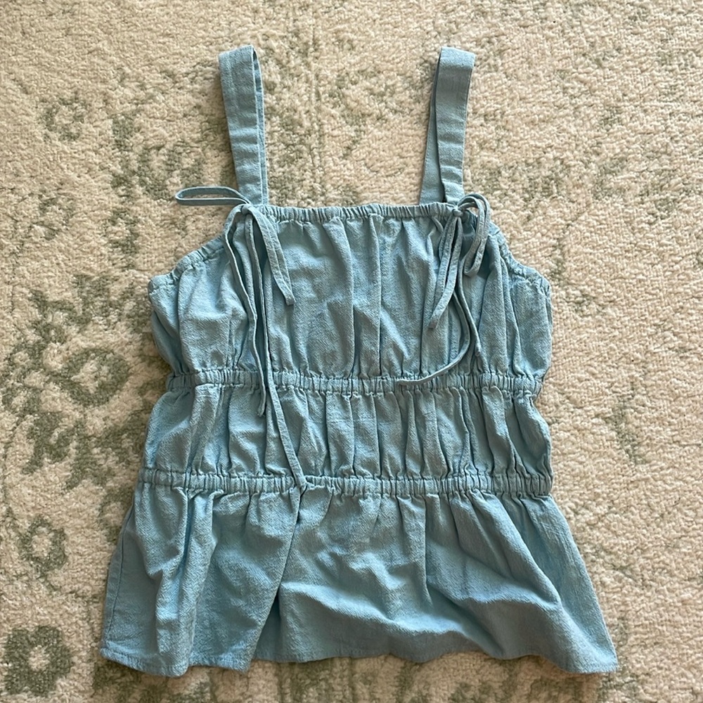 Blue Textured Linen Tank Top